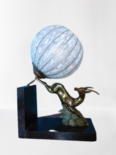 Lampe veilleuse Art Déco antilope sur socle en marbre